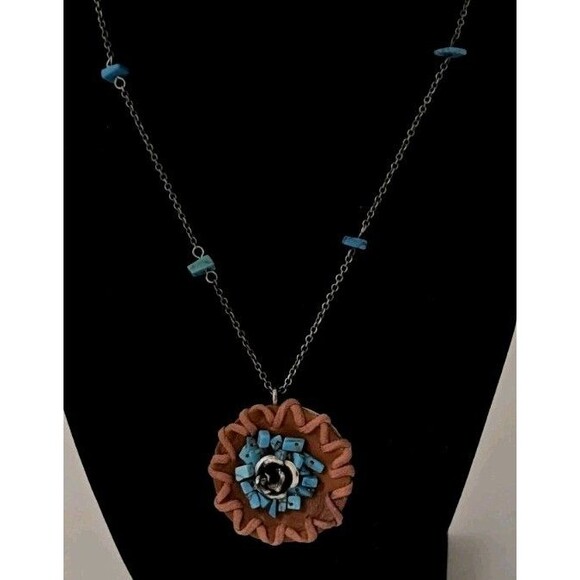 VTG South Western Style Turquoise & Leather Sterling Silver Chain Necklace - Picture 9 of 9